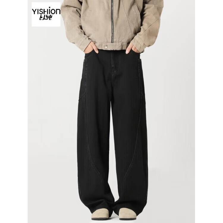 以纯（YISHion）（YIHion）美式水洗弯刀工装牛仔裤男秋季潮牌拼接宽松阔腿裤高街 旗舰官方旗舰官方NZ50黑色. 2XL