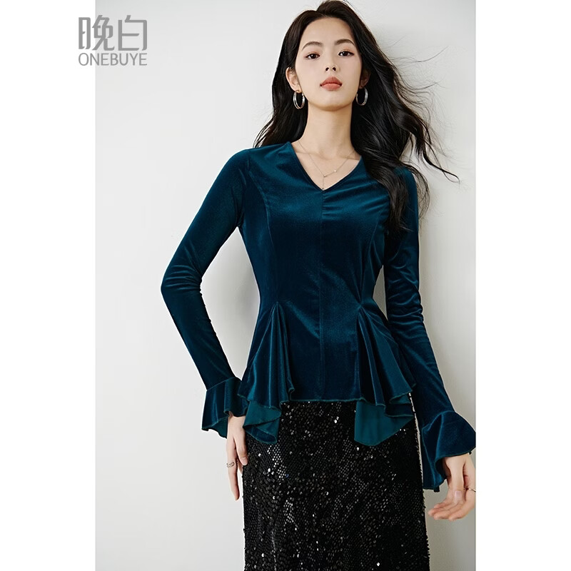 晚白2026年春款时尚优雅法式丝绒V领上衣弹力修身亲肤打底衫女 湖蓝色 XL