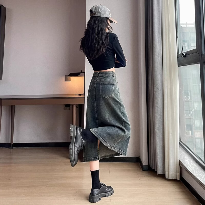 WAMLBN2026春夏季新款复古高腰牛仔裙女开叉显瘦半裙中长款a字半身裙 水泥灰 L