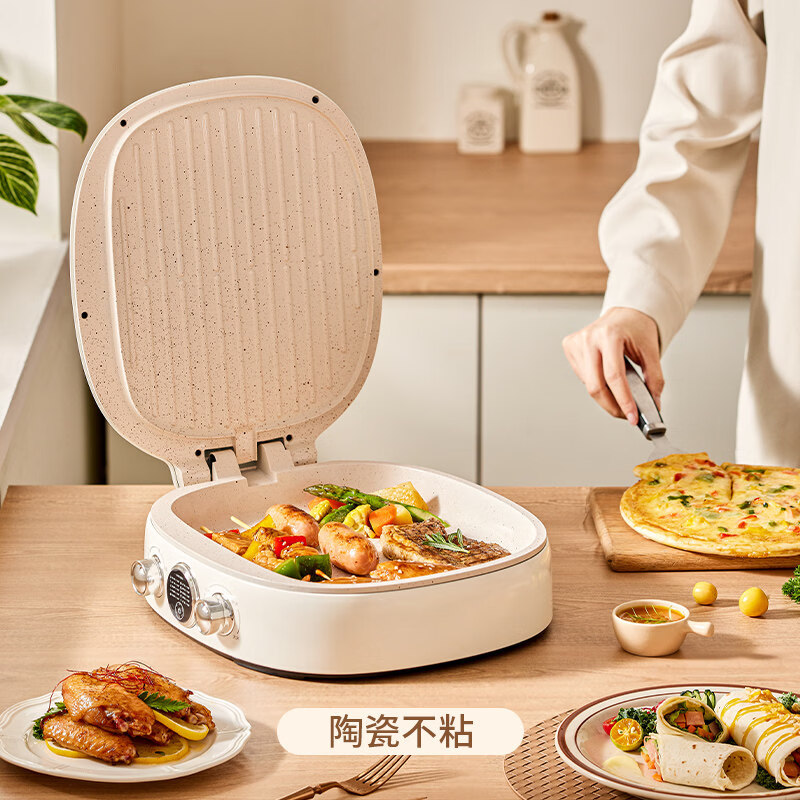 SJBOB德国进口品质陶瓷电饼档多功能电饼铛家用双面加热新款加大电饼锅烙饼 白色_陶瓷不沾
