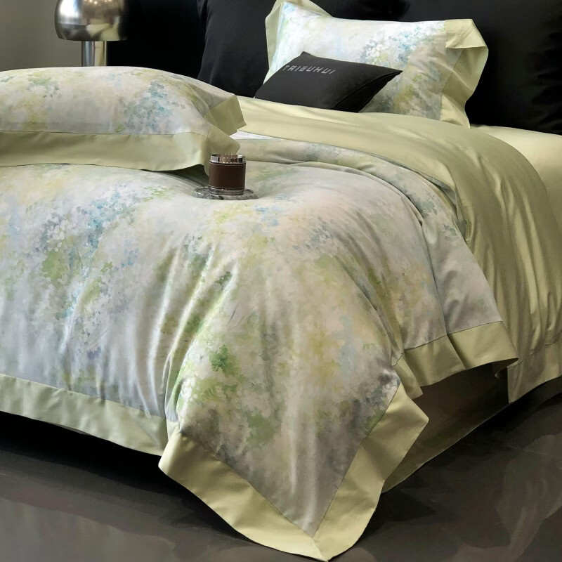 ROLAND LIVE新疆长绒棉印花四件套轻奢风家用1.8米床全棉被套亲肤透气床品 TGH 长绒棉四件套-沁园花语绿色 1.8米床 床单款 【被套200*230cm】