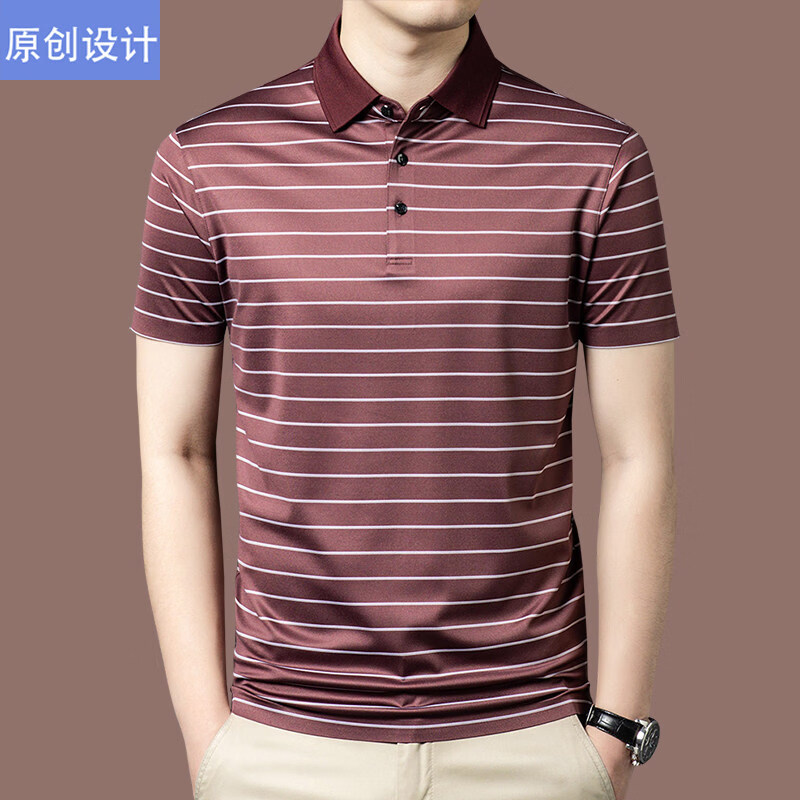 阿玛尼（ARMANI）正品品牌桑蚕丝短袖t恤男夏季中年条纹高端真丝polo衫翻领上衣 国际一线品牌蓝色 M 165__建议90斤到120斤穿