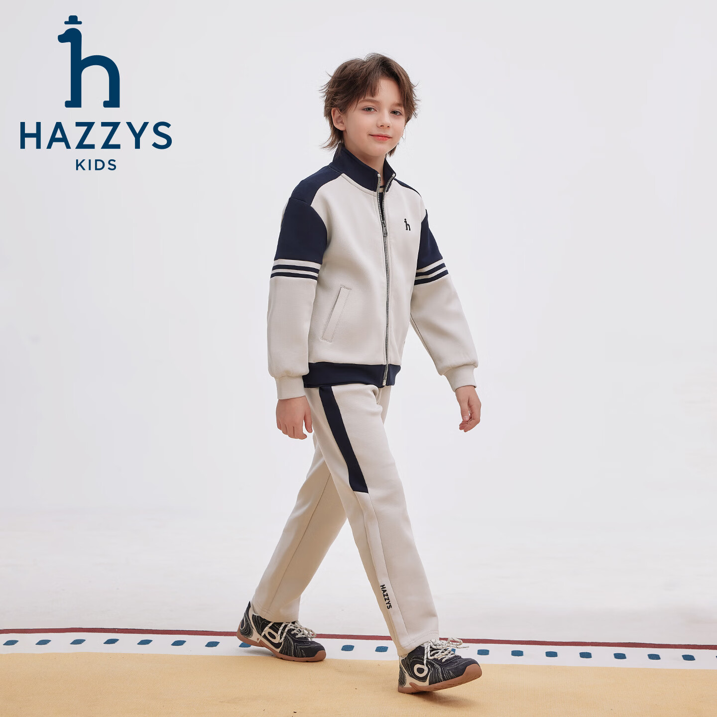哈吉斯(HAZZYS)童装男童套装2026春新莱卡弹力舒适长袖两件套 薏米灰 165