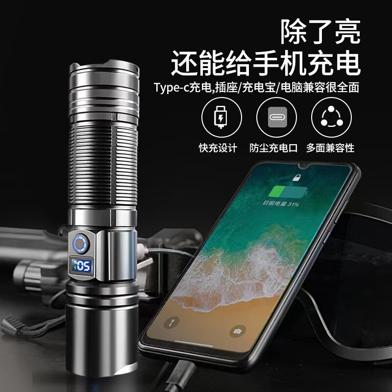 Lovefamily【德国】强光手电筒强光超长续航变焦远射小型便携充电军户外专用 数显款-【激光灯芯】-32700双锂电