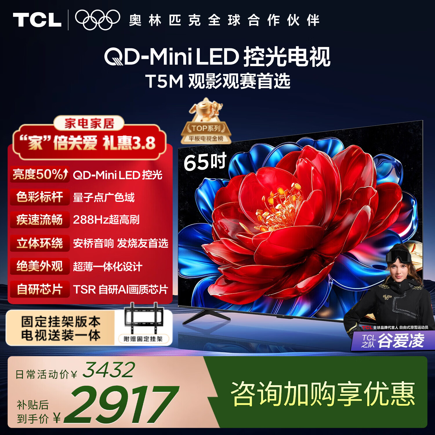 TCL  65T5M 包安装版【固定挂架送装一体】65英寸 QD-Mini LED控光电视 T5M 国家补贴 护眼