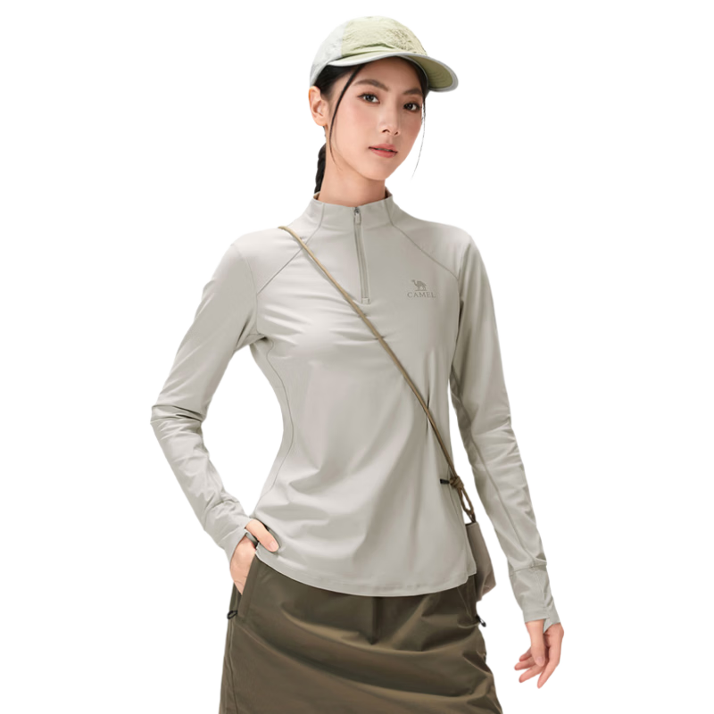 骆驼女装[原纱高倍防晒]户外速干T恤女26春长袖立领弹力凉感t透气排汗