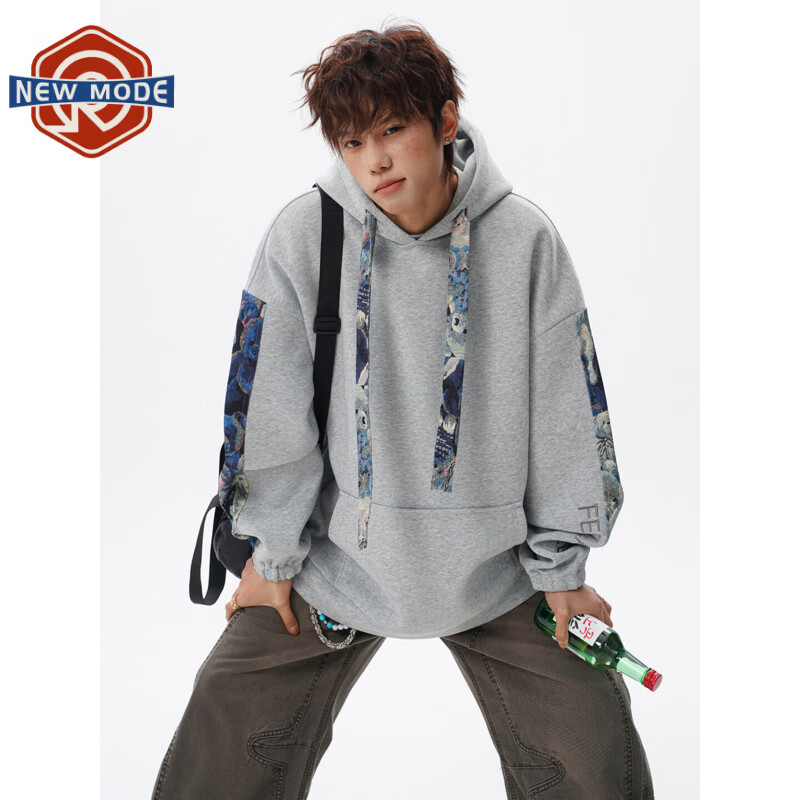 NEW OR MODE国潮小熊花纹拼接连帽卫衣男春秋美式撞色抽绳设计感宽松情侣外套 深灰色【高品质】 M 【建议90-110斤】