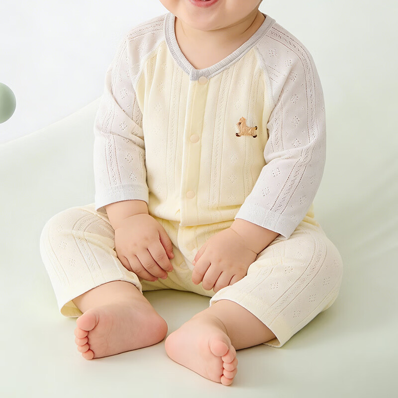 wua·wua婴儿连体衣夏薄款长袖宝宝睡衣纯棉a类婴幼儿衣服春季空调服四季 樱花粉 25度以上 80cm 80 6-12个月