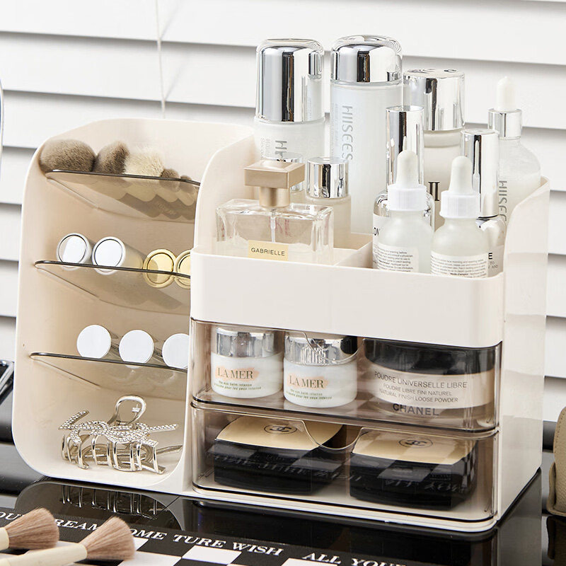 艾仕可（ASCOR）化妆品收纳盒高级感梳妆台桌面口红眉笔整理箱护肤品大容量置物架 化妆品收纳盒-奶油白【桌面组合丨分格设计】