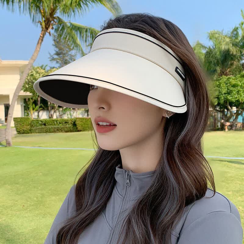 万宝绿防晒帽子女士夏天防紫外线太阳帽户外遮脸大帽檐空顶遮阳帽 黑胶底-浅杏色【可折叠·可调头围】 可调节