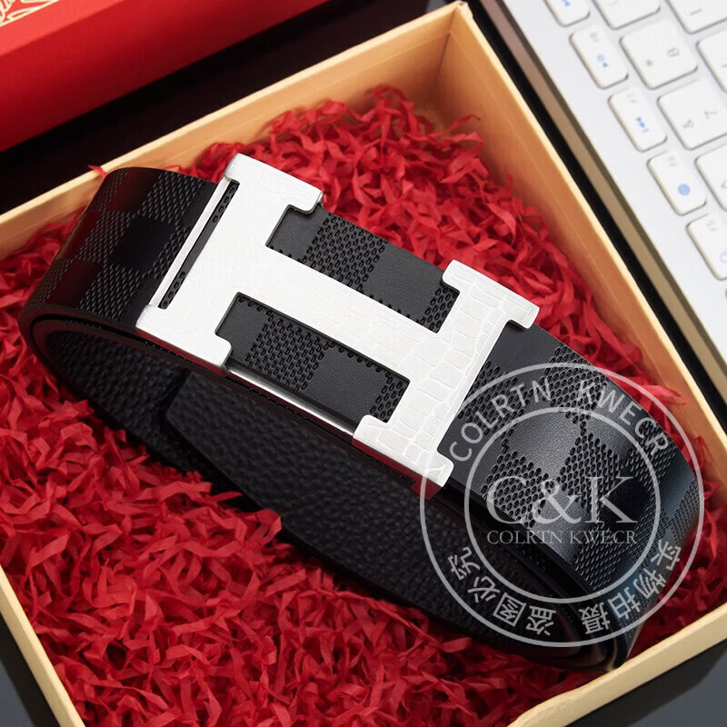 Colrtn Kwecr奢侈新品男款皮带中青年高档商务正装休闲裤腰带男生日礼物奢侈品 CK银扣咖色带3.8CM【礼盒装】 120cm