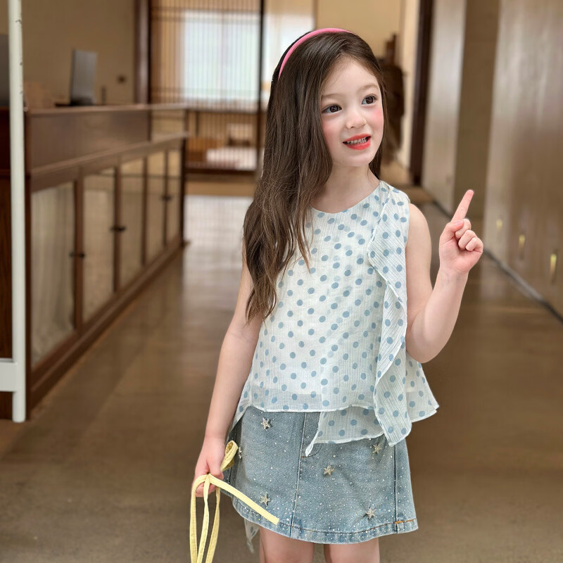 栀了成长记女童装清新撞色波点背心2026春季儿童时髦圆领无袖上衣 蓝色 半身裙 100