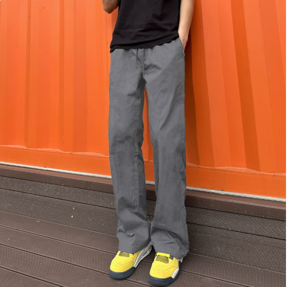 2026美式斜切百搭休闲裤男春秋显瘦显高潮流宽松直筒工装微喇长裤 深灰色 3XL 建议170-185斤