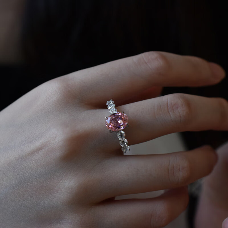 拉帕帕拉恰粉s925银戒指7*9培育高碳钻人工彩宝镶嵌 美号5号-港号10-11号-指围50