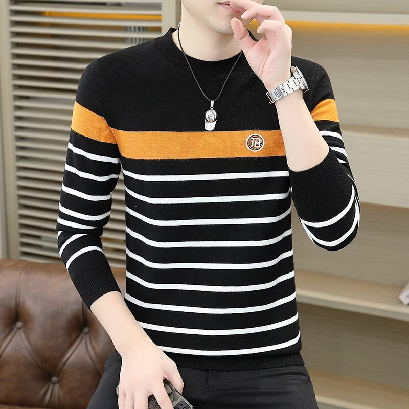 罗鸣老人【轻奢高档】高品质时尚条纹男士毛衣2026新款潮流男士休闲打底衫 桔色 L （建议115-130斤）