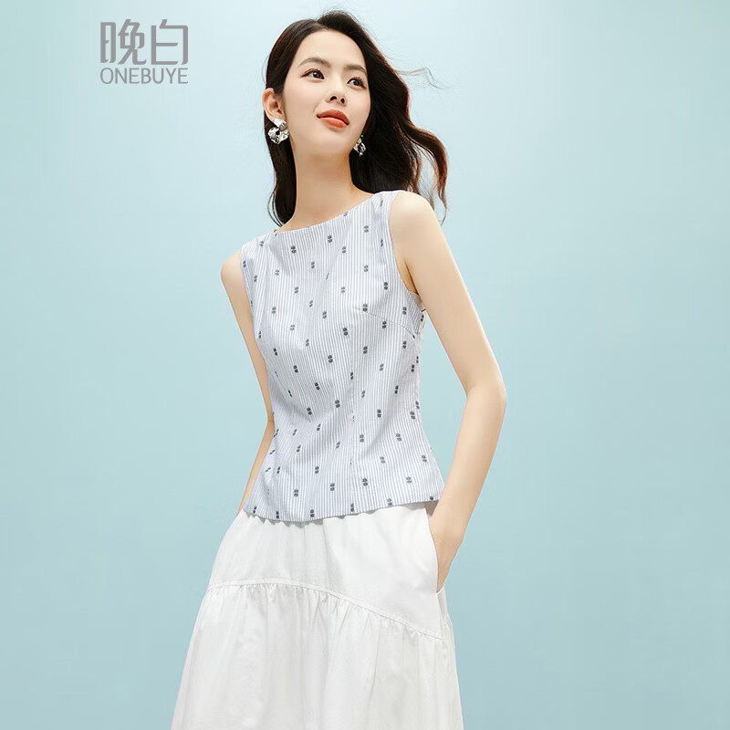 晚白【新品】2026年春款经典圆领韩系上衣条纹印花亲肤棉质背心女 条纹 M