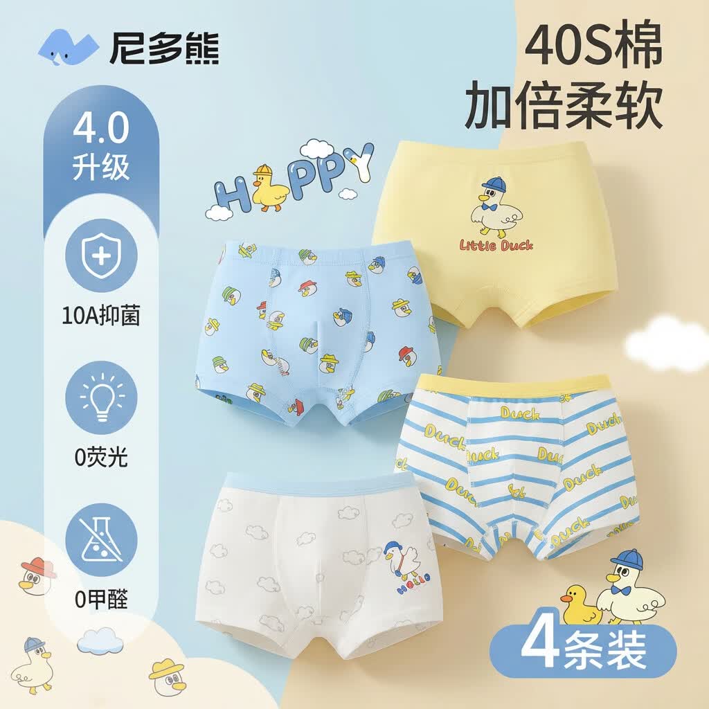 尼多熊儿童内裤男童A类纯棉宝宝婴儿小童四角平角小孩中大童短裤不夹PP