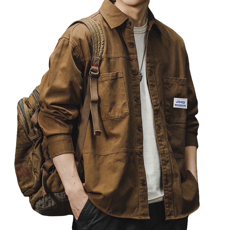 JEEP吉普长袖衬衫男士春秋季工装休闲外套宽松衬衣服男装 深卡其 XL