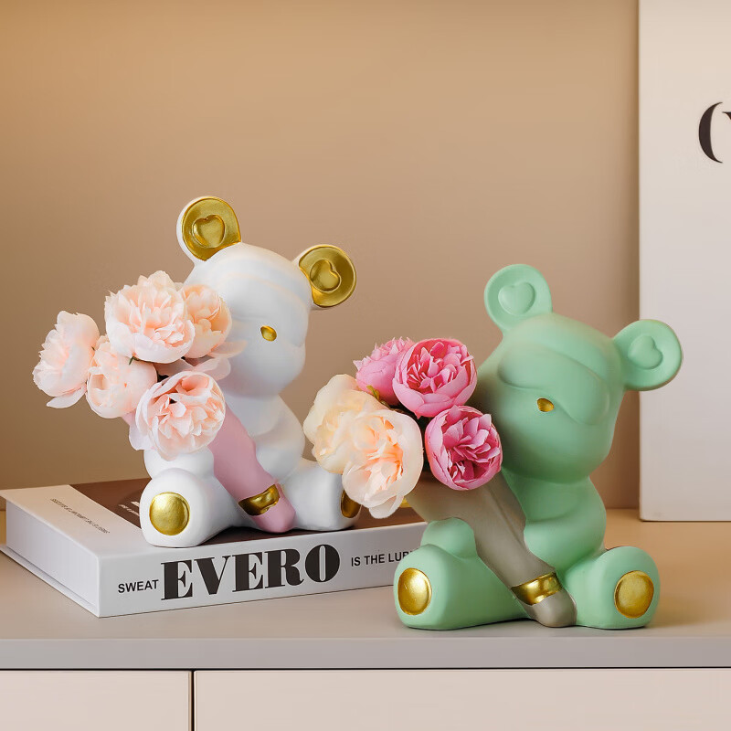 创意捧花暴力熊情绪摆件客厅玄关酒柜电视柜桌面家居装饰礼物 小熊花瓶(森绿色)送1束香槟1束粉色