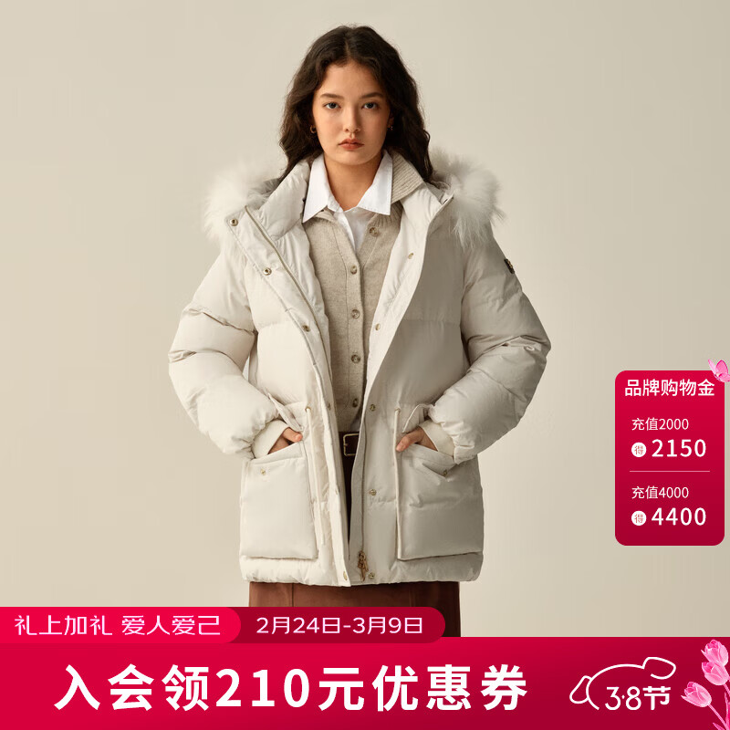 ELAND衣恋羽绒服女时尚毛领长袖大口袋保暖外套2025冬季新款 象牙白/白色(39)Ivory M /165