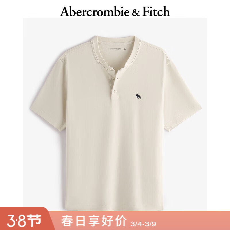 Abercrombie &amp; Fitch经典小麋鹿图案男装25夏季美式重磅宽松亨利领短袖T恤 奶油色 M (180/100A)尺码偏大