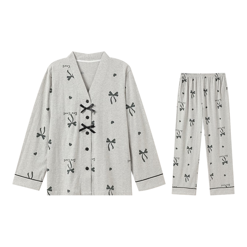 芬腾睡衣女【纯棉】V领开衫长袖蝴蝶结少女家居服套装 灰色 L