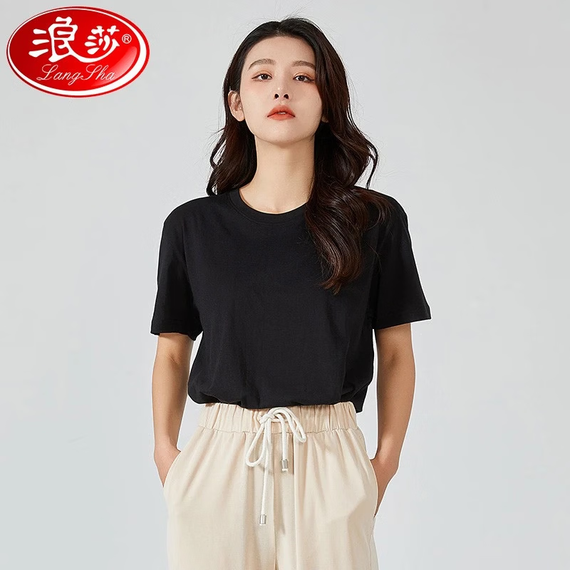 浪莎白色纯棉短袖t恤女士夏季新款100%全棉圆领洋气百搭纯色宽松上衣 【经典版】黑色 2XL 【适合140-160斤】