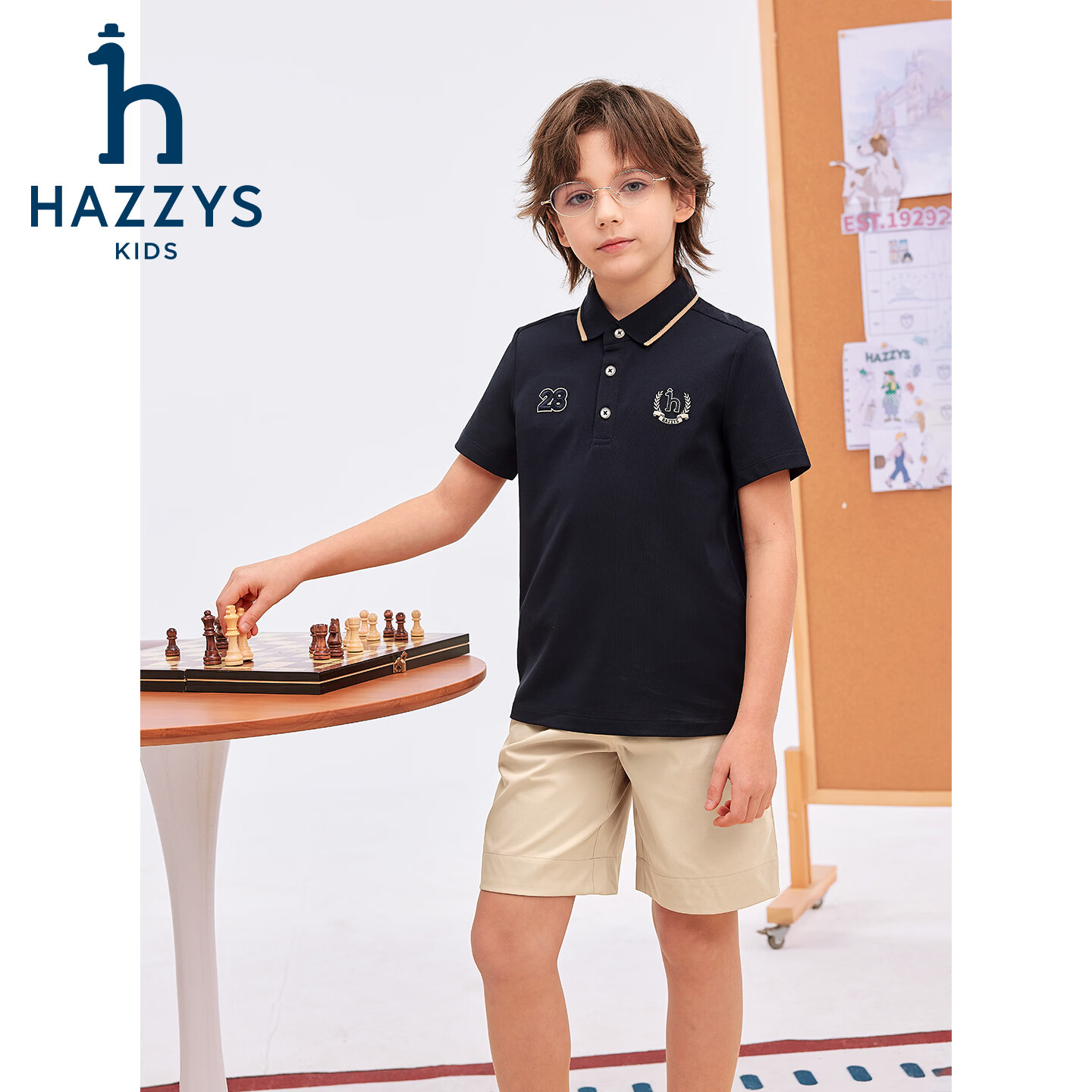 哈吉斯(HAZZYS)童装男童套装2026夏季新款中大童透气舒适短袖POLO衫宽松运动短裤 藏蓝 160