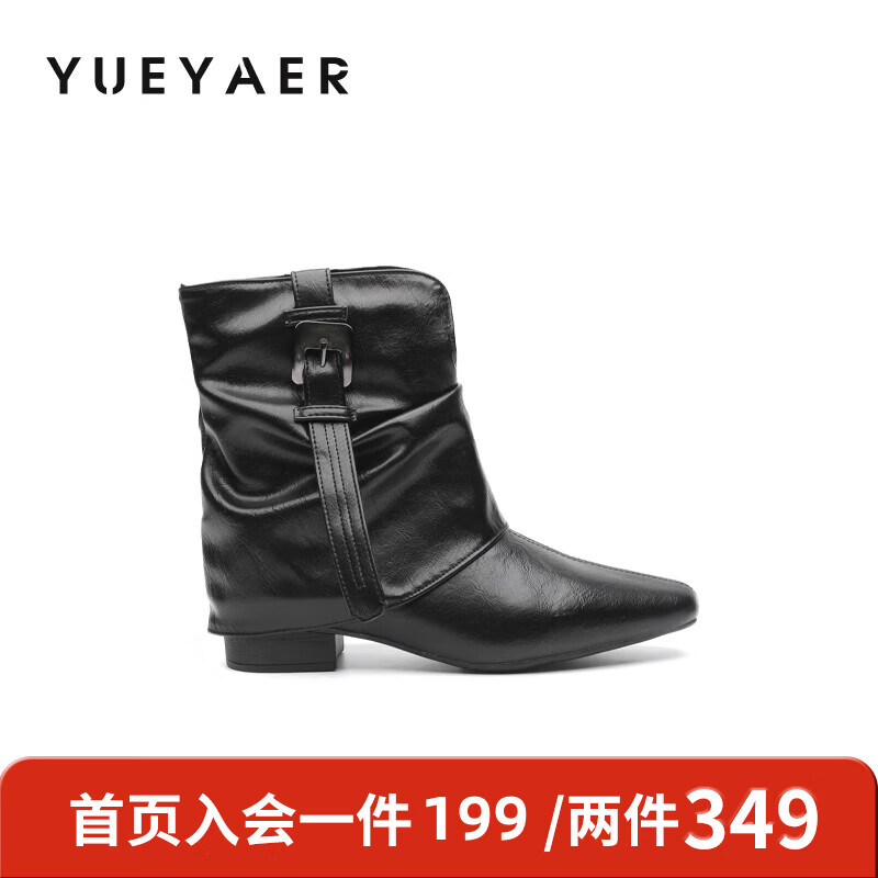 月芽儿2025冬季复古皮带扣堆堆短靴女棕色尖头瘦瘦靴裤管靴时装靴 绒里黑色01T 34