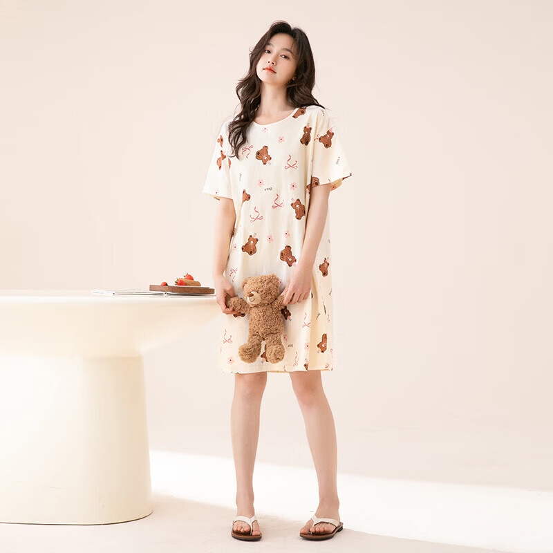 芬腾睡裙女【纯棉】新疆棉家居服女士睡衣睡裙女短袖裙26夏新款 奶黄 L