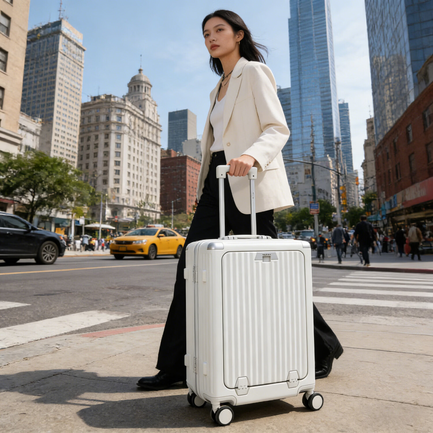 Walker Shop高档品牌新款前开口登机箱行李箱多功能密码拉杆箱大容量旅行箱 白色(铝框款) 20英寸 【登机箱】