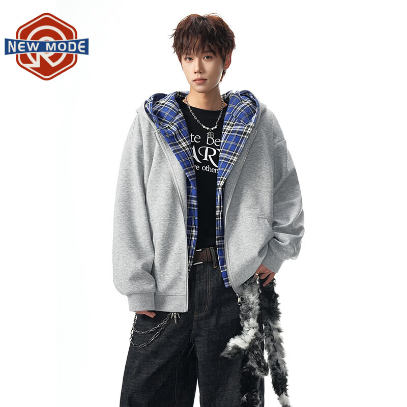 NEW OR MODE美式假两件连帽卫衣男春秋新款潮流格子拼接撞色宽松休闲开衫外套 花灰色【高品质】 XL 【建议125-145斤】