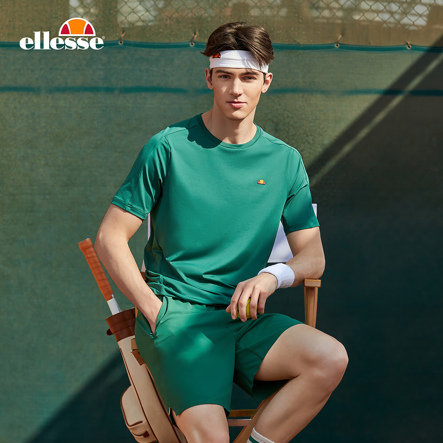 ellesse小贝壳网球运动纯色T恤春季男户外休闲吸湿速干衣宽松短袖 葱绿色 S