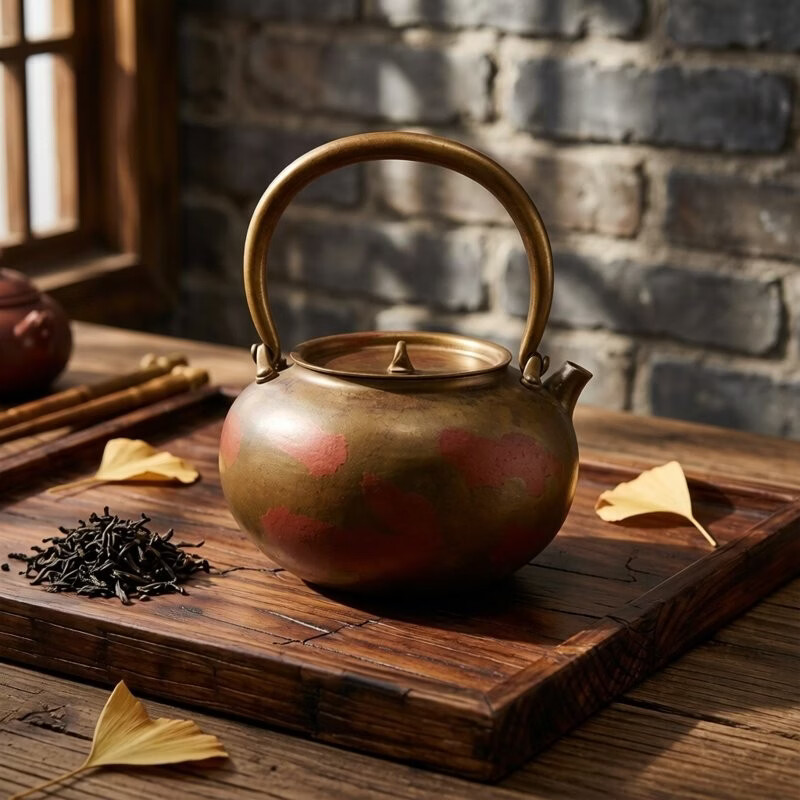 复古做旧煮茶器大容量围炉煮茶壶煮水泡茶烧水壶紫铜功夫茶具礼物 紫铜提梁壶（鎏金色） 1000ml