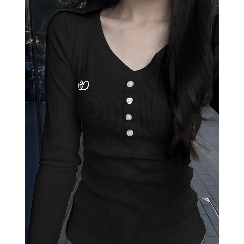 RVFAN2026春季新款设计感V领长袖T恤女短款美式修身上衣韩版休闲 杏白色 L 【106-118斤】