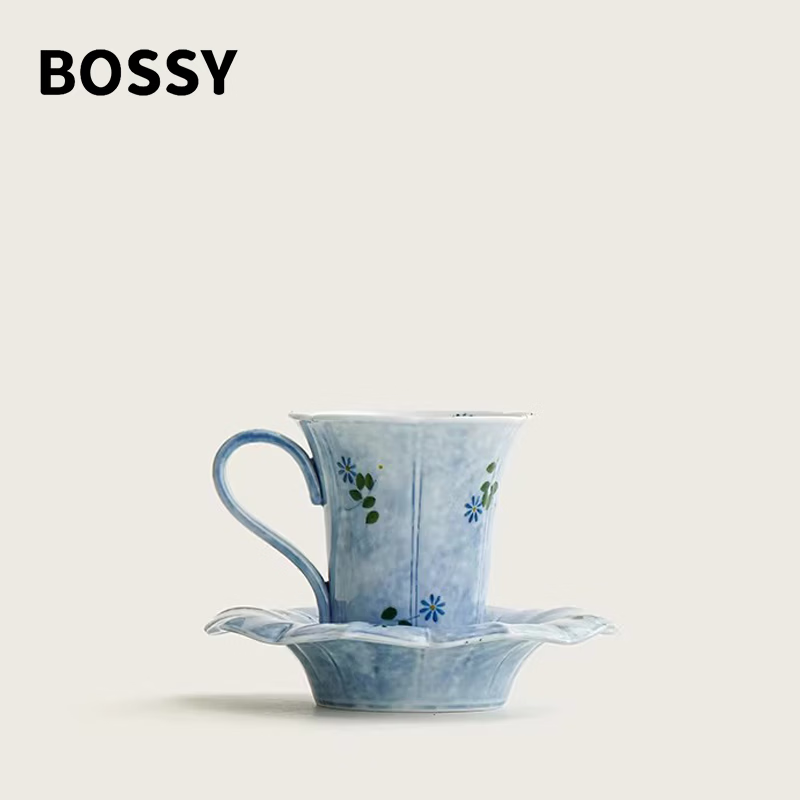 BOSSY文创风纯手绘咖啡杯碟套装高档精致女士主人杯送长辈妈妈生日礼物 青蓝冰水-咖啡杯【礼盒装】