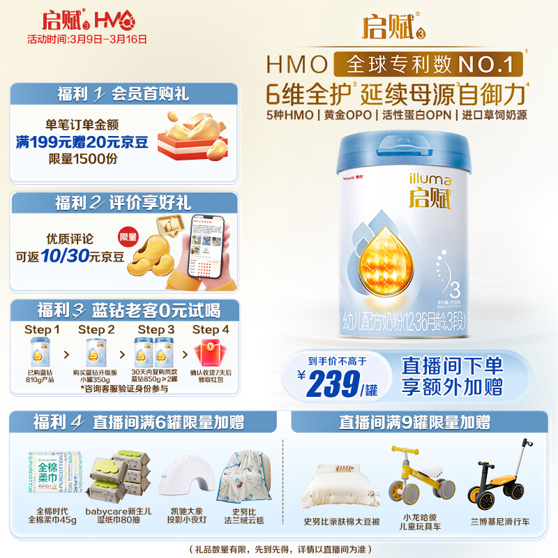 惠氏（Wyeth）启赋蓝钻【加量装】HMO幼儿配方奶粉3段（12-36月）850g
