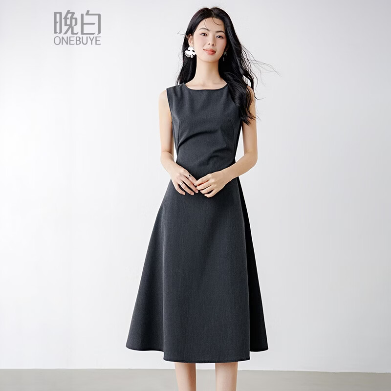 晚白【新品】2026年春款气质轻熟风背心裙收腰显瘦无袖格雷灰连衣裙 深灰色 XL