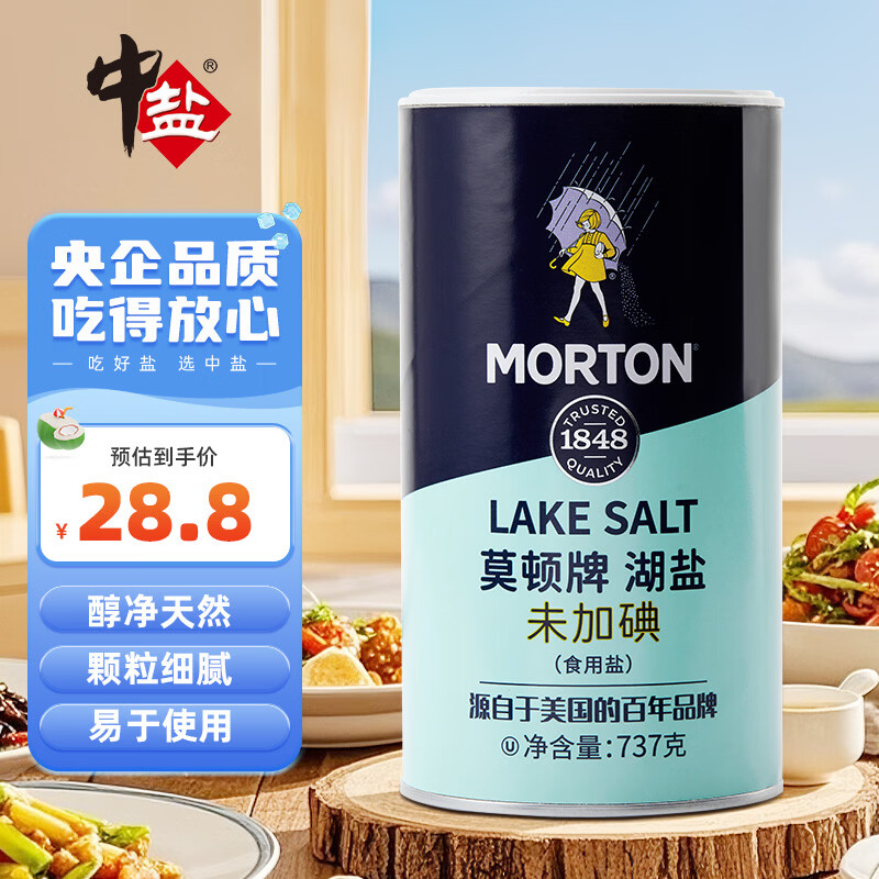 莫顿（MORTON） 湖盐737g【未加碘 湖盐】食用湖盐 家用炒菜调味 无抗结剂湖盐
