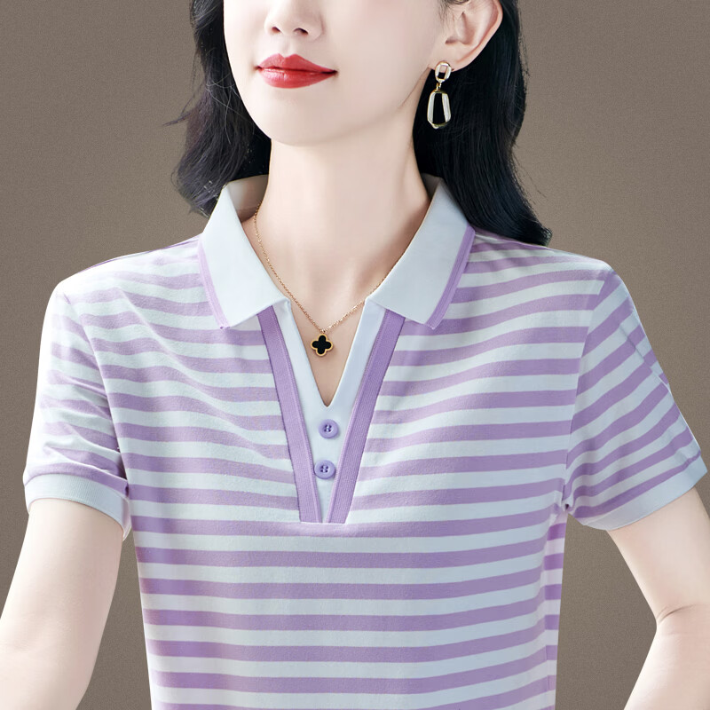 语缦翻领短袖t恤女新款夏季冰丝棉质宽松中年妈上衣条纹短款polo衫T恤 3211安可拉红 4XL (140-150斤)