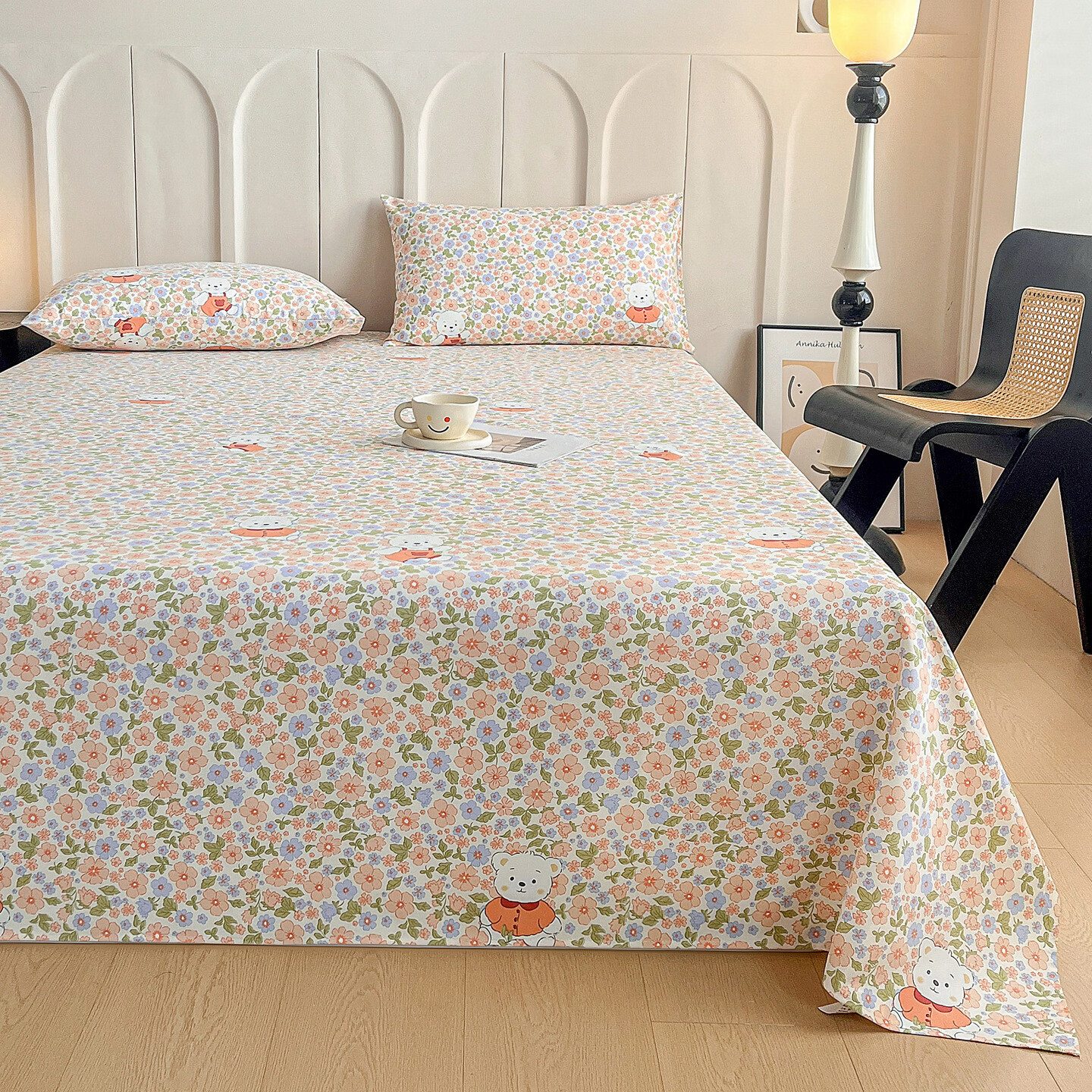 雅鹿加厚老粗布床单单件100原棉亚麻床罩学生宿舍被单三件套单人 花朵熊 200*230cm床单三件套