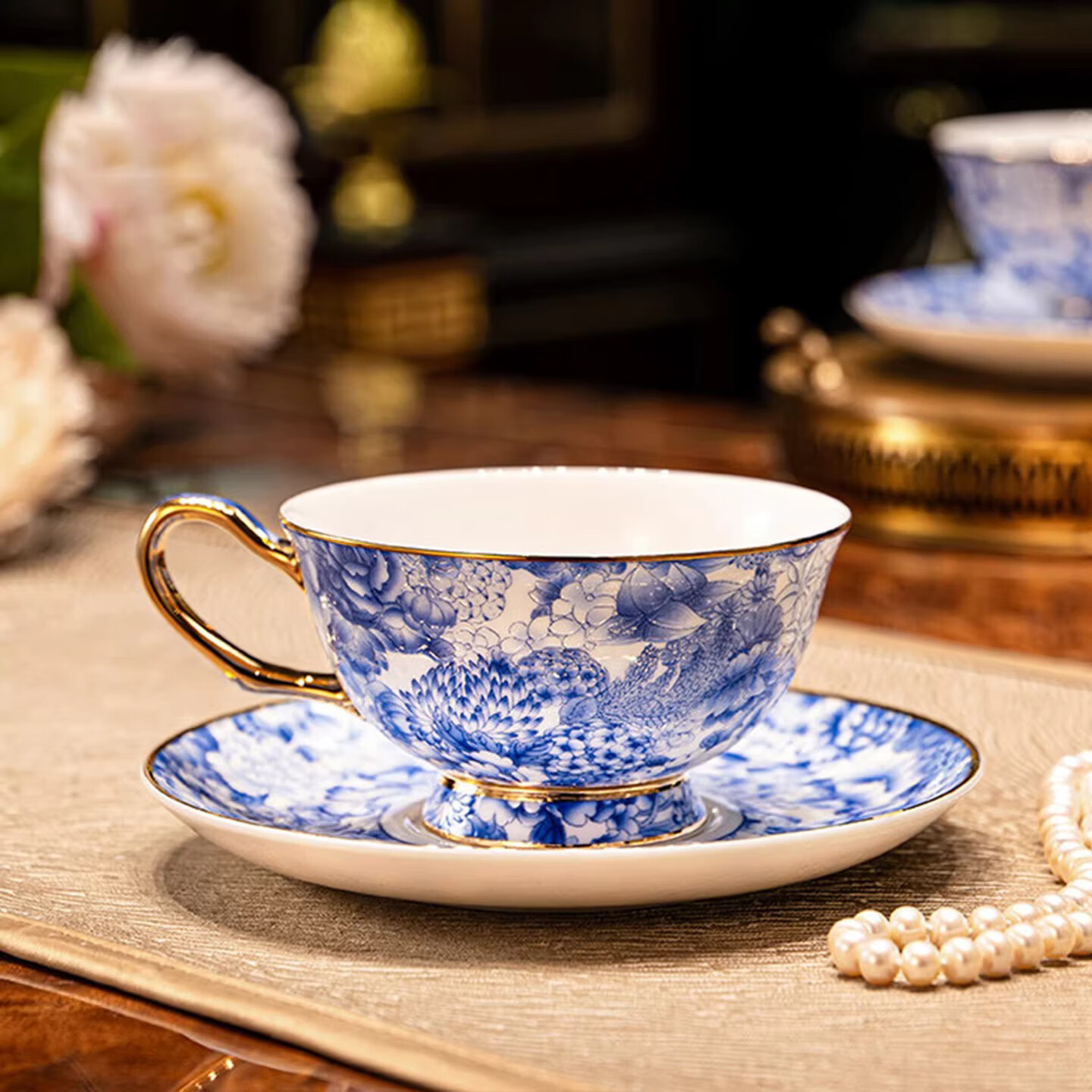 BOSSY景德镇国潮青花咖啡杯套装高档精致骨瓷杯子礼盒乔迁新婚伴手礼物 万花青花【满花款-6杯6碟】高级红礼盒