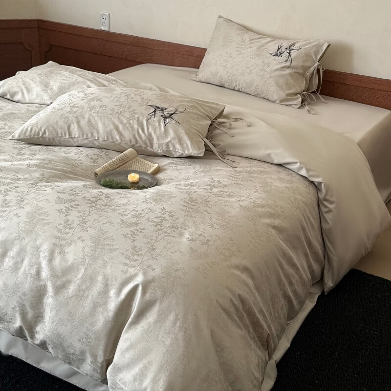 ROLAND LIVE高级感长绒棉提花四件套春夏新款全棉被套床单家用四季床上用品 LB 长绒棉提花套件-鸢语玉色 1.8米床 床单款 【被套200*230cm】