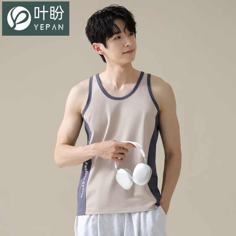 叶盼（yepan）【柔软】莱卡纯棉睡衣男士背心夏季单件青年运动可外穿休闲家居服 11002-红灰 L (170) ：建议100-120斤穿着