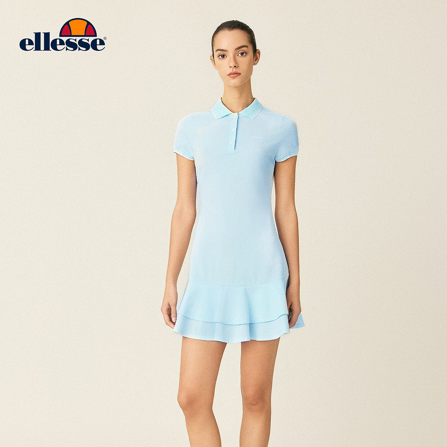 ellesse小贝壳26春夏新品网球裙运动修身翻领双层百褶连衣裙女 透明蓝【新色上新】 S