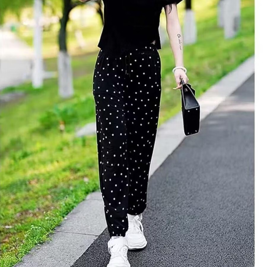 【显高显瘦】2026年春夏季新款宽松显瘦薄款散步裤 遮肉显瘦 黑色碎花束脚（有口袋） 均码 大码【建议120斤-160斤】