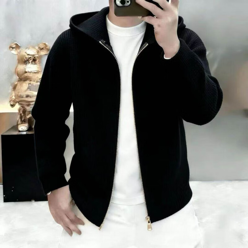 【高端质感】连帽针织开衫男士2026春秋新款时尚简约纯色百搭外套 黑色 XL 建议130-150斤