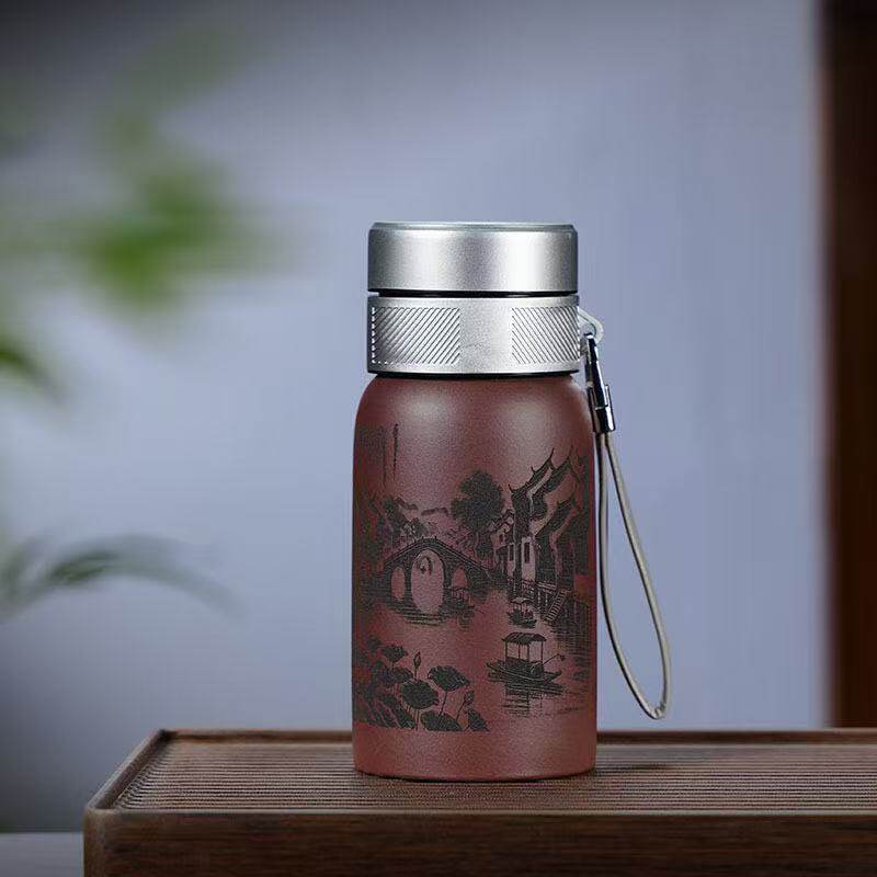 原矿紫泥泥绘保温办公车载水杯礼盒装送礼过滤绞泥 山水刻绘款