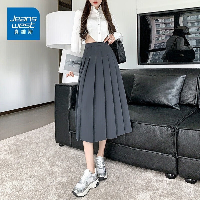 真维斯（Jeanswest）复古黑色格子高腰显瘦半身裙女2026春秋季气质a字长裙 咖格 XL