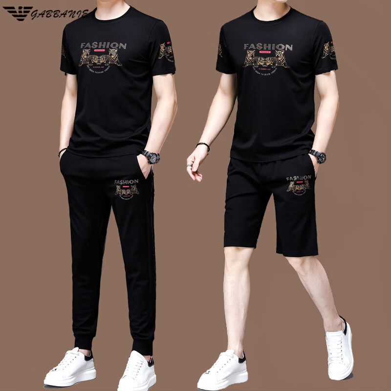 阿玛尼（ARMANI）正品名牌男士休闲运动服套装男夏季桑蚕丝短袖t恤潮男装三件套 国际一线品牌19362黑色短袖+长裤 M 165_【建议90-120斤】